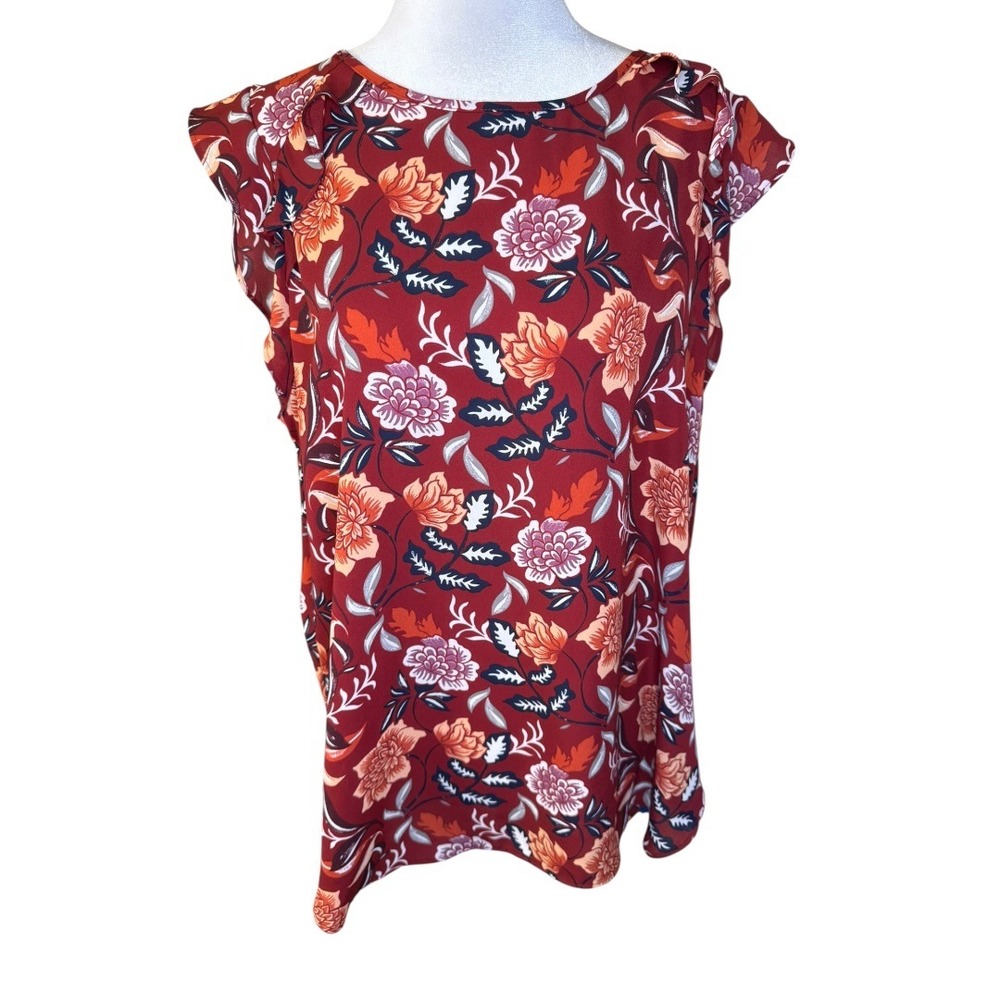 LOFT Outlet Women's Large Burgundy Red Floral Flutter Sleeve Blouse
